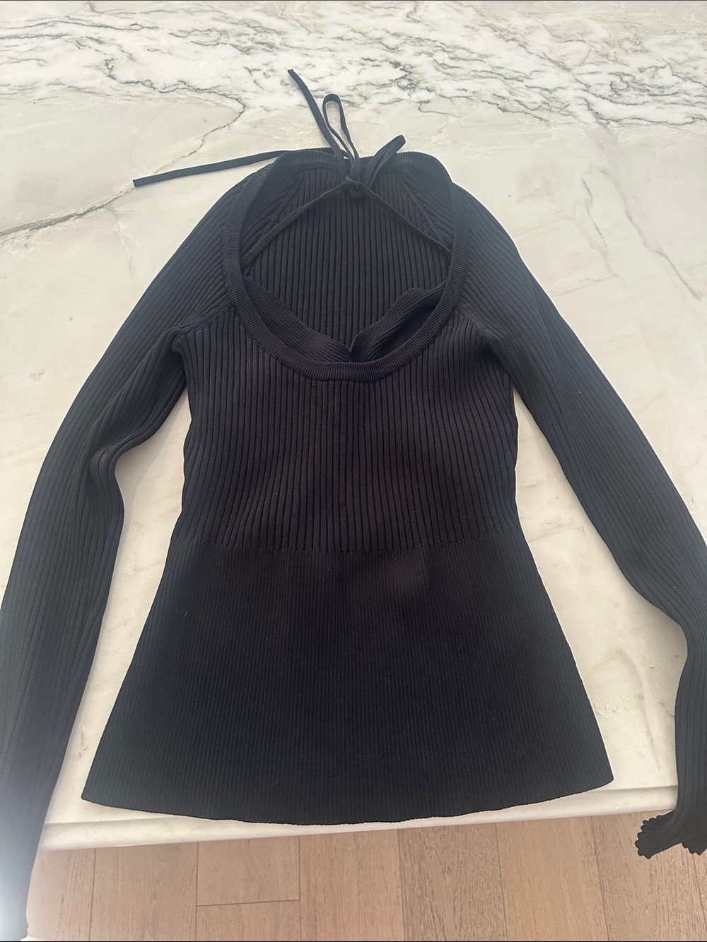 Jonathan Simkhai Black Ribbed Long Sleeve Halter-Back Top